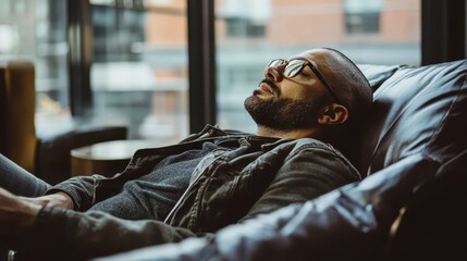 Fototapeta premium Relaxed man wearing glasses resting on a leather couch near a window with natural light in a modern indoor setting