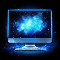 Modern Computer with Nebula Background and Glowing Blue Border Effect