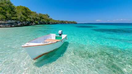Naklejka premium Boat in turquoise island cove, clear water, sunny day, travel