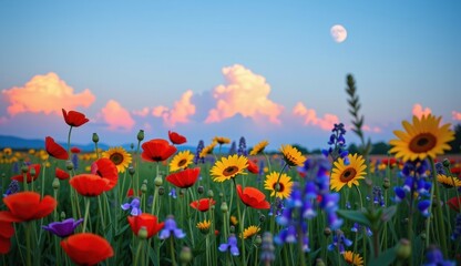 Fototapeta premium Vibrant wildflower meadow under a full moon glowing in an evening sky with colorful clouds