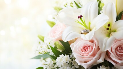 Wedding Ring on Floral Bouquet with Roses and Lilies Detail
