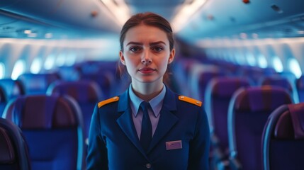A flight attendant stands confidently in an airplane cabin. The soft blue lighting enhances the ambiance. Her uniform signifies professionalism and care. Generative AI