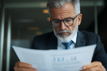 Focused businessman in suit and tie with grey beard, engrossed in reviewing charts and data on a document. He is wearing glasses.