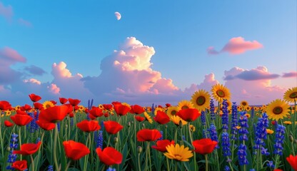 Obraz premium Vibrant wildflower meadow under a full moon glowing in an evening sky with colorful clouds