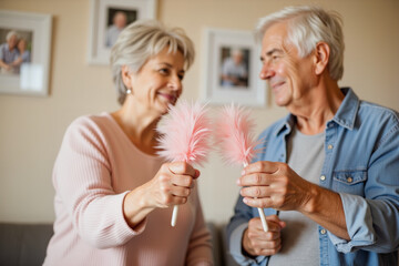 Elderly couple playfully dusting their home with feather dusters, joy
