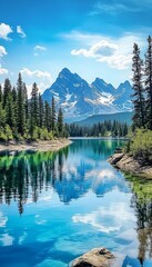 Serene lake and majestic mountains under a bright blue sky with perfect reflections in the water
