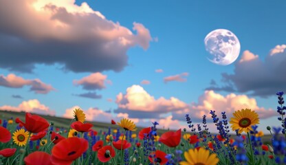 Obraz premium Vibrant wildflower meadow under a full moon glowing in an evening sky with colorful clouds