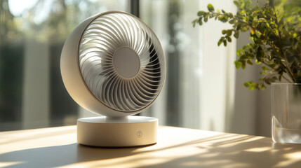 A tabletop white fan with rapidly spinning blades, designed to circulate cool air in a home environment on a warm, sunny day