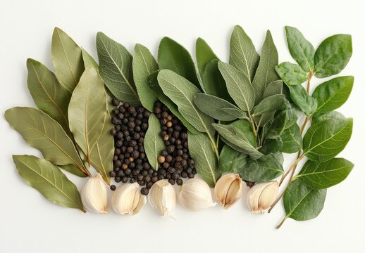 Fresh Culinary Herbs and Spices Arrangement on Light Background Featuring Bay Leaves, Garlic, and Black Pepper for Cooking Inspiration