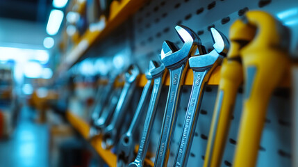 A worker selecting an adjustable wrench from a tool store