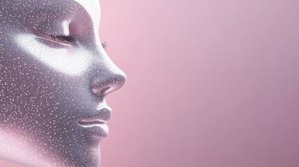 Sparkling profile of female mannequin adorned with silver glitter on delicate pink background