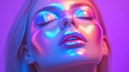 Close up of person face with closed eyes and bright colorful makeup in blue pink and purple lighting © vstudio