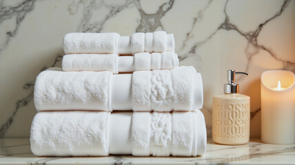 Luxurious stacked towels in marble bathroom setting, relaxation elegance