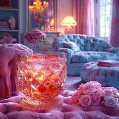 Elegant Crystal Glass with Drink and Roses in a Romantic Interior