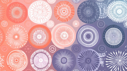 vibrant pattern of high contrast medallions alternating luminous and muted tones, featuring intricate radial designs shades of orange, white, and blue, creating dynamic and artistic composition