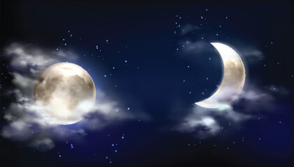 Dark blue night sky background with half moon and star design