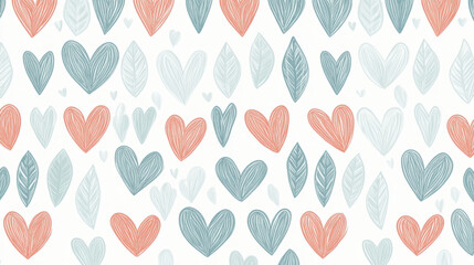 seamless pattern featuring hand drawn hearts and leaves in soft pastel shades of coral and teal, creating gentle and minimalistic love motif
