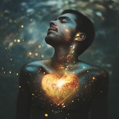 Young Man with Sparkling Golden Heart Shape Shining in His Chest