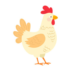 Cute vector illustration of farm rooster with red comb and beige feathers on white background. Flat children's illustration in poultry character style. For characters of children's books, cartoons. 