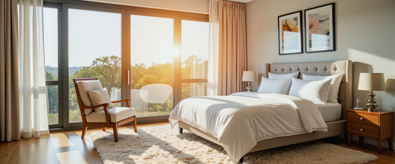 Obraz premium Elegant bedroom bathed in golden hour sunlight, serene ambiance