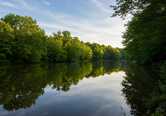 Obraz premium A serene lake reflecting lush trees and a clear sky, perfect for showcasing natural beauty and tranquility.