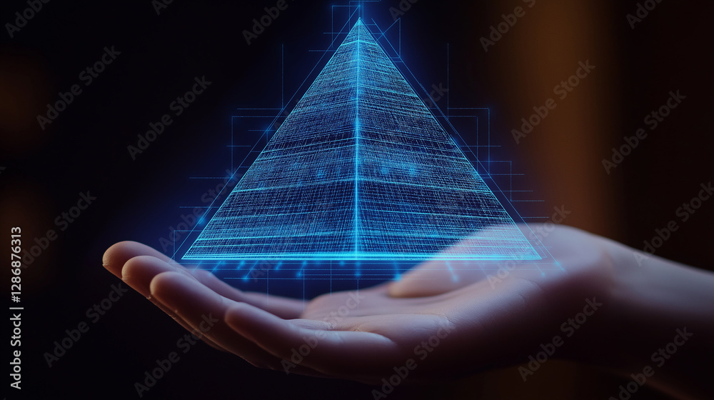 Poster Hand holding a futuristic hologram pyramid representing big data and global network connection