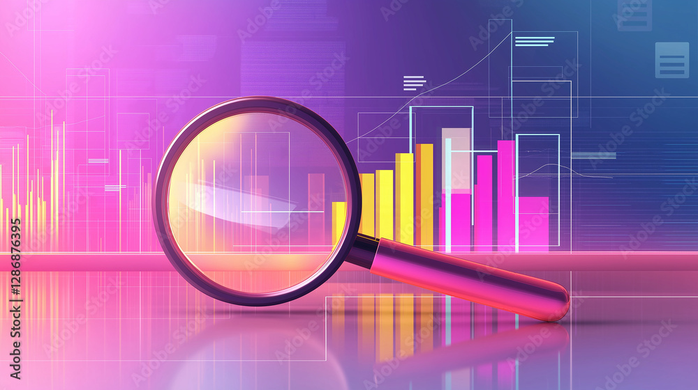 Poster Magnifying glass analyzing colorful charts and graphs for business insights