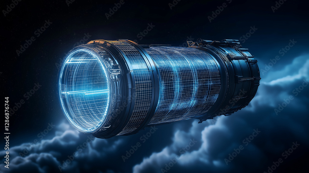 Aufkleber Futuristic spaceship floating above clouds at night, exploring the universe