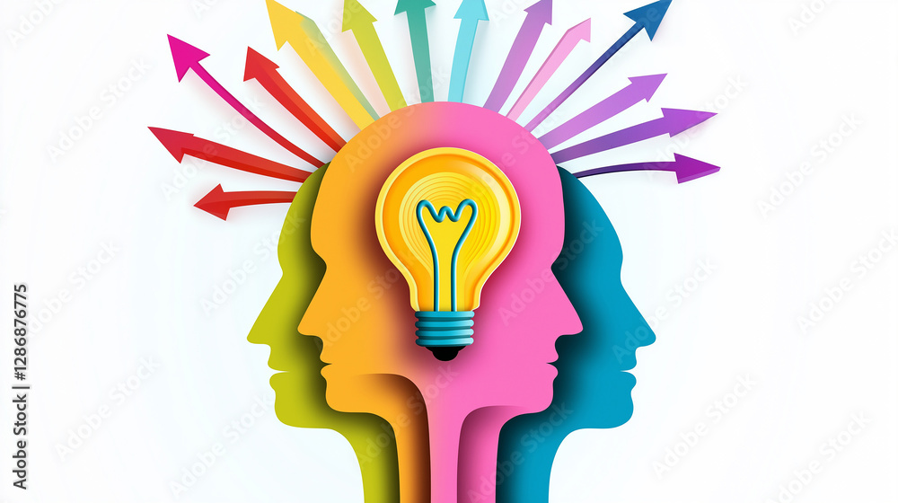 Aufkleber light bulb emerging from colorful human heads with arrows pointing upwards