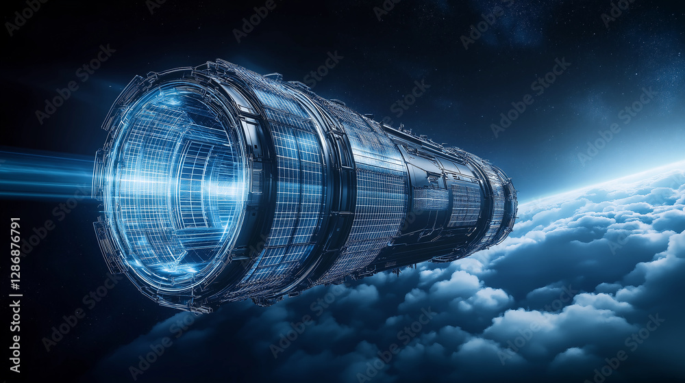 Poster futuristic spaceship flying over planet with clouds and stars