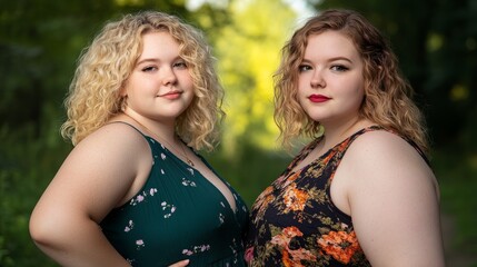 Obraz premium Two women in summer dresses, soft light, vibrant backdrop, radiating warmth and connection. 