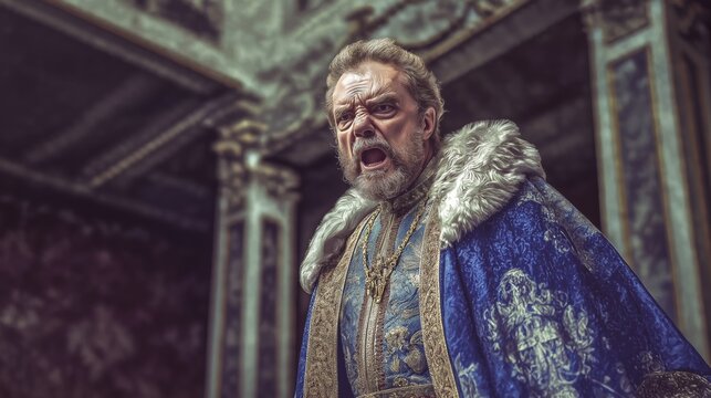 Biblical character. Visual representation of King Herod at the time of Jesus Christ. King Herod is dressed in luxurious robes, displaying royal authority. An angry and evil look. Real photo, image.