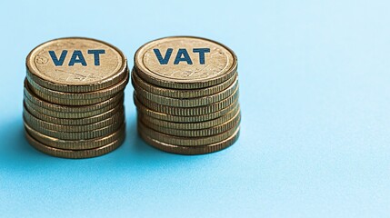 VAT tax coins stacks, blue background, finance concept
