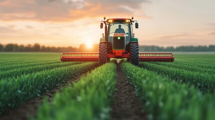 A green tractor works in a lush field at sunset, highlighting modern farming practices and agricultural productivity.