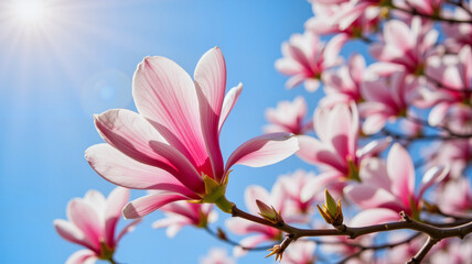 Fototapeta premium Vibrant magnolia bloom against clear blue sky, nature's beauty