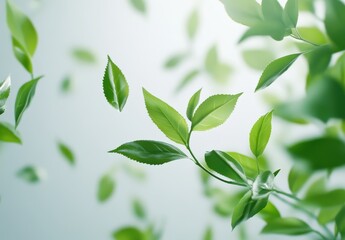 Fresh Green Leaves Floating Gracefully Against a Soft Light Background, Nature Concept, Environmental Themes, Organic Beauty, Eco-Friendly Aesthetic