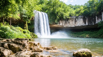 Fototapeta premium Serene Waterfall & Scenic Nature Landscape in a Sunlit Forest - Perfect Summer Hiking Adventure and Photography Experience