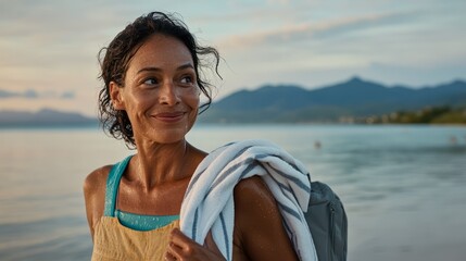 Fototapeta premium Woman posing at beach sunset.