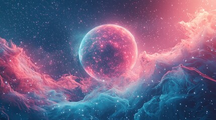 Obraz premium Glowing Planet with Pink and Blue Nebula in Starry Space Scene