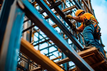 A construction worker in safety gear is securing steel reinforcement bars on a high-rise building under construction