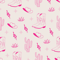 Trendy pink cowgirl set. Seamless pattern with cowboy boots, hat, cactus, snake. Wild west, western themed. Hand drawn vector design