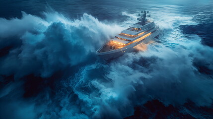 Fototapeta premium A modern cruiser in a storm huge waves crash onto _010