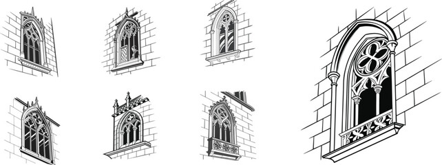 Naklejka premium vector sketches of gothic arched windows with ornate details, perfect for architectural and historical design