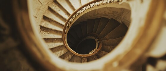 A striking spiral staircase descends into the darkness, its ornate railing tracing a captivating path, evoking mystery.