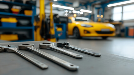 Fototapeta premium Close-up of workshop tools in a garage setting with a blurry yellow car in background. Metal wrenches and professional repair equipment for vehicle maintenance.