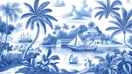 Obraz premium Tropical landscape with ships sailing near exotic coast in blue monochrome