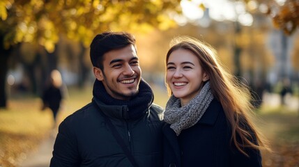 Fototapeta premium Young couple shares a joyful moment in a city park, embodying connection and happiness. 