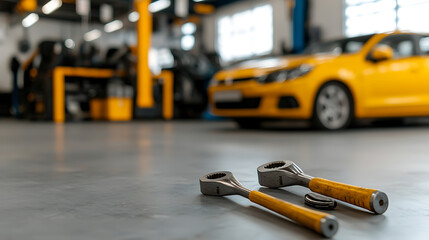 Auto repair scene: Wrenches on garage floor with a yellow car and shop equipment in the background. Tools ready for vehicle maintenance and servicing.