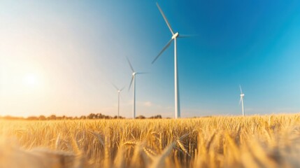 Renewable Energy and Sustainable Farming: Wind Turbines in Wheat Fields Under a Clear Blue Sky