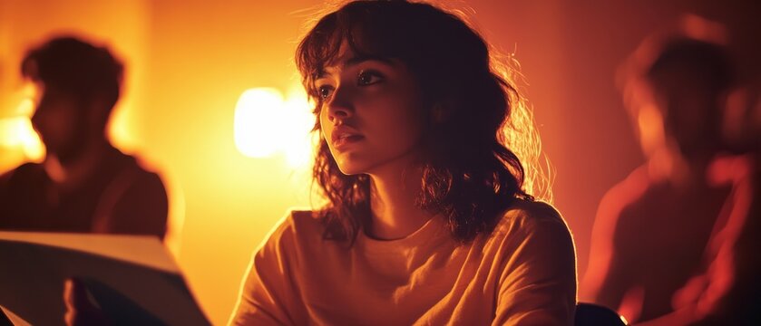 A thoughtful young woman, illuminated by warm orange hues, sits attentively with open books, embodying inspiration and reflection amidst an intimate setting.